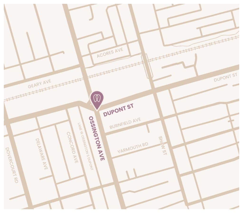 Map showing location of Enamelle Dental on Ossington Ave near Dupont St in Toronto.
