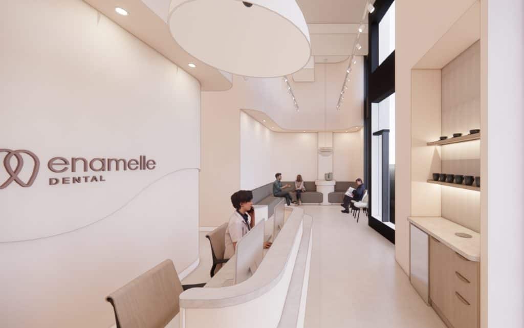Modern dental clinic interior with reception area and patient seating.